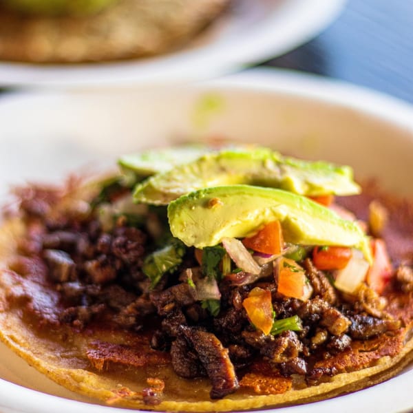 A Tacos Chapala carne asada taco with avocado slices, pico de gallo, and cilantro.